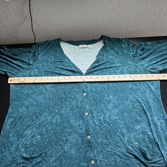 LOGO Lori Goldstein Cardigan 2X Plus Art to Wear Button Blue V Neck Acid Wash - Picture 7 of 9